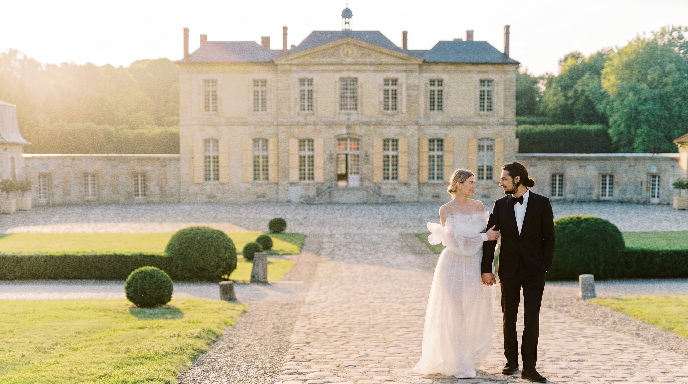 Bride and groom in a golden-hour château courtyard wedding scene