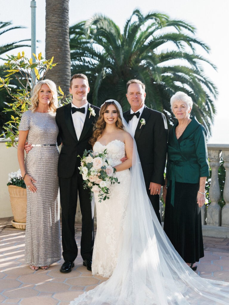 Multigenerational luxury family wedding portraits at Bel-Air Bay Club, showcasing sophisticated Mother of the Bride styling and flattering open shade light.