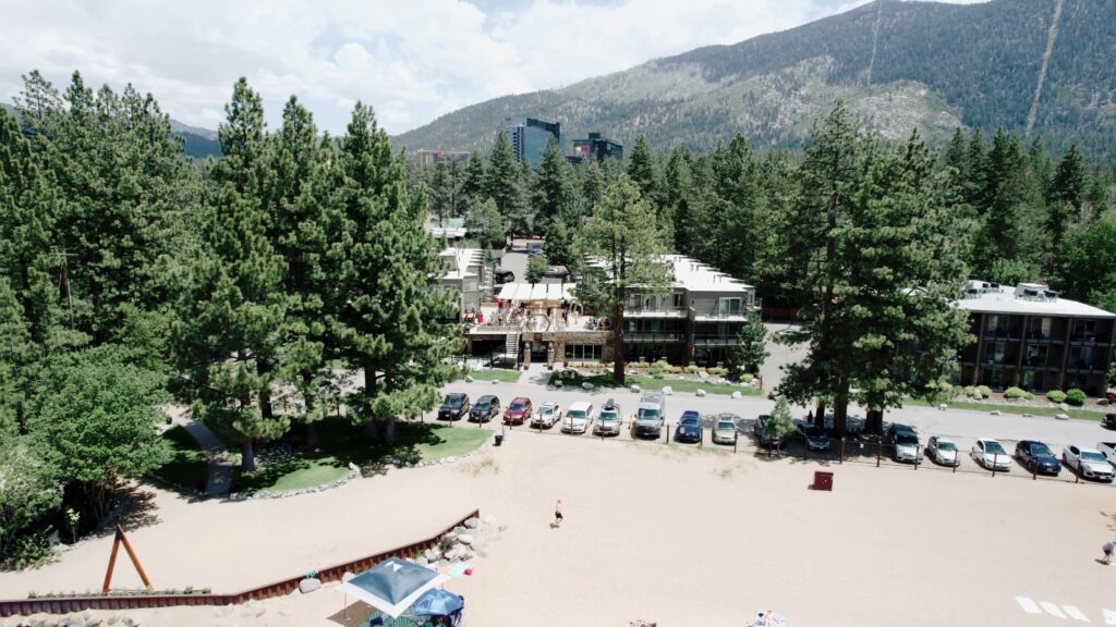 Aerial view of a mountain resort venue captured by a Lake Tahoe wedding photographer to show the property layout