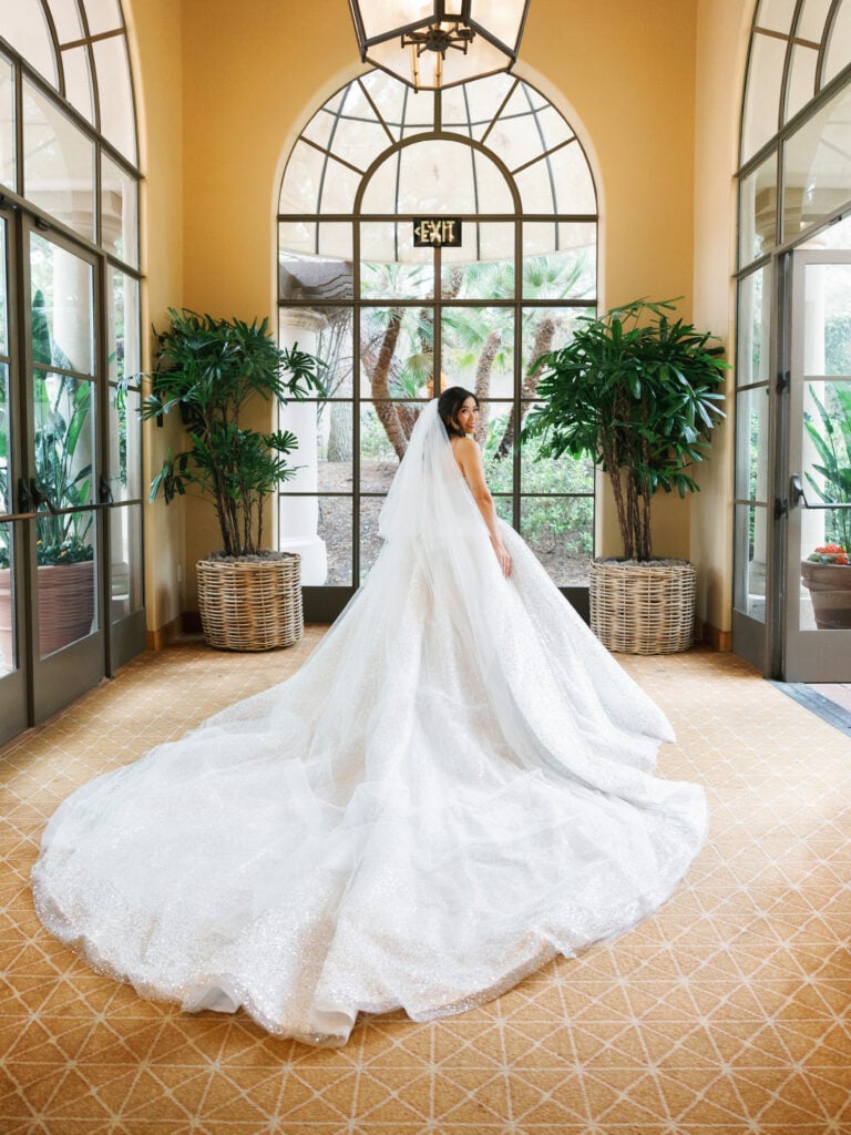 Editorial rear-view bridal portrait highlighting a breathtaking glitter ball gown train and classic cathedral veil trend.