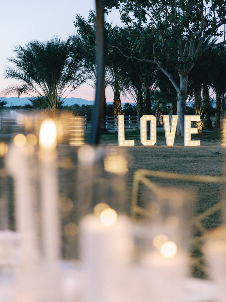 Large illuminated LOVE marquee letters on a lawn with palm trees at dusk, shot on film by a Palm Springs wedding photographer.