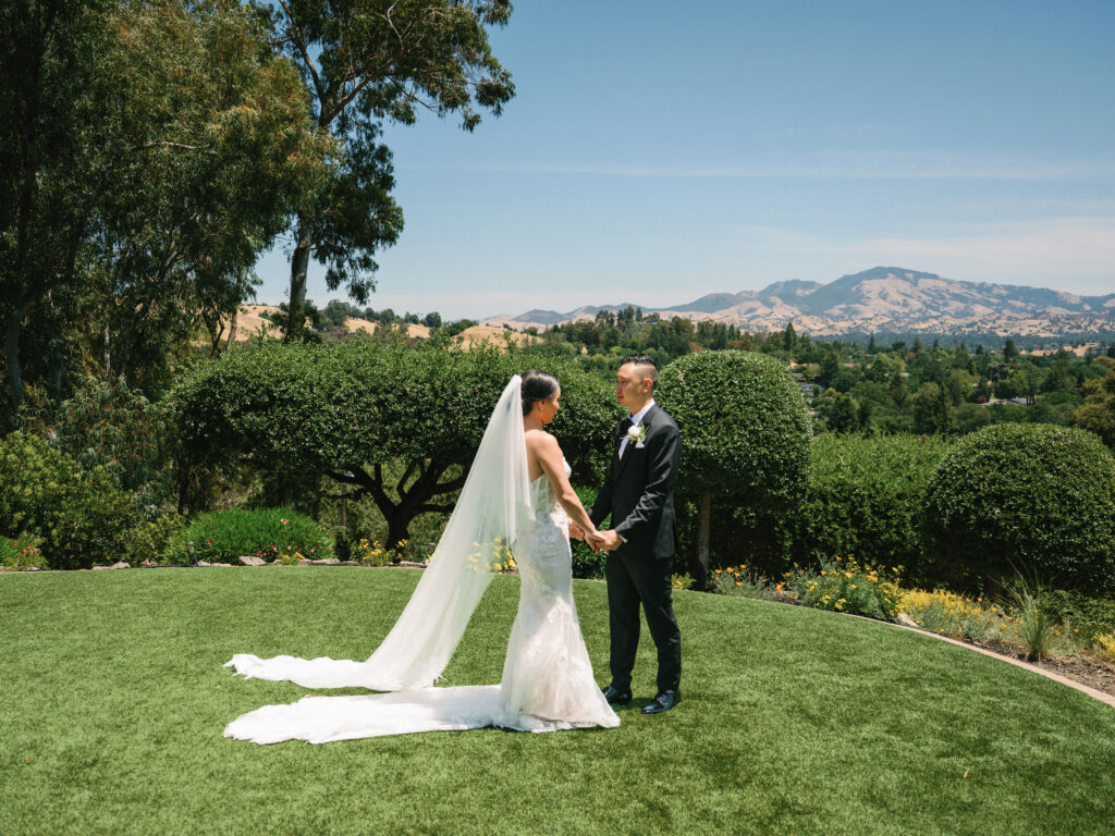 Romantic film wedding portrait of a couple holding hands on a vibrant green lawn, curated by a Napa Valley wedding photographer.