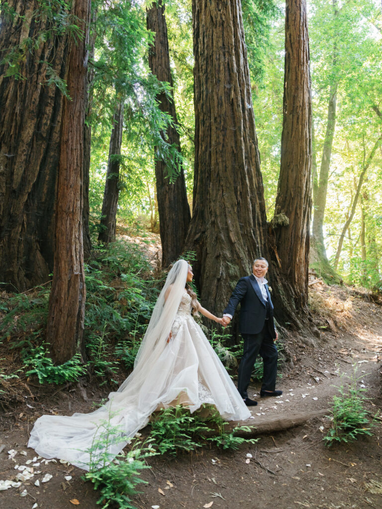 Bride and groom holding hands while walking past massive redwood tree trunks captured by a Big Sur wedding photographer